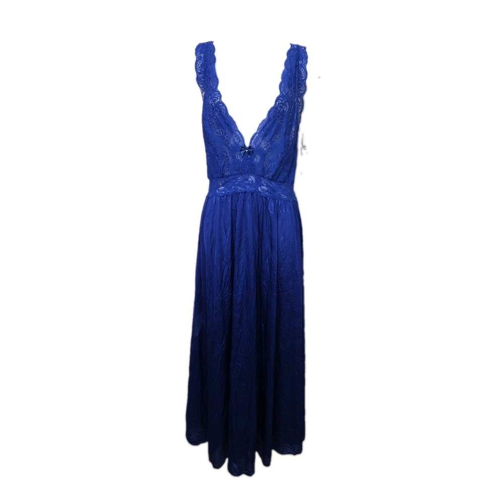 VTG NEW! 3X Shadowline Nylon FULL SWEEP Nightgown Lace Bodice Marine Blue